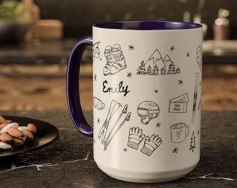 Custom Ski Mug, Skiing Mug, Apres Ski, Gifts for Skiers, Snow Mountain Mug, Winter Mug, Cute Accent Coffee Mug Gift, Ski Gift, Personalized