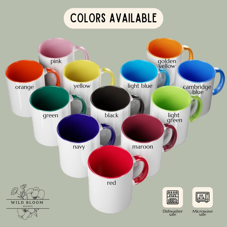 May include: A selection of white ceramic mugs with coloured interiors and handles, including orange, pink, yellow, green, light blue, black, navy, maroon, and red. Text reads "COLORS AVAILABLE".