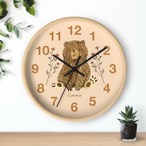 Custom Name Woodland Bear Wall Clock - Rustic Nursery Decor, Forest Animal Clock, Bear Gift, Woodland Nursery Wall Art, Baby Shower Gift