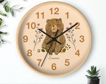 Custom Name Woodland Bear Wall Clock - Rustic Nursery Decor, Forest Animal Clock, Bear Gift, Woodland Nursery Wall Art, Baby Shower Gift