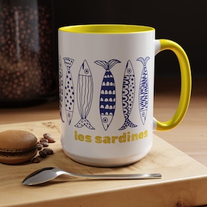 Blue Tinned Fish Sardines Coffee Mug – Unique Ocean-Inspired Ceramic Tea Cup, Gift for Fish Lovers, Birthday Gift, Blue French Kitchen Decor