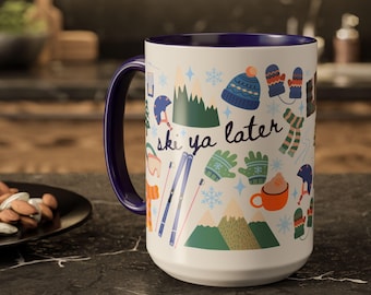 Customizable Name Skiing Mug, Apres Ski Mug, Gift for Skiers, Snow Bunny, Mountain Mug, Winter Mug, Personalized Kid Hot Chocolate Cup