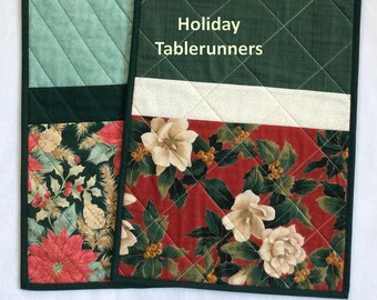 Xmas Holiday Table Runner 12.5" x 40.5", Choice of Poinsettia or Christmas Rose, Green Binding, Print Back for Any Season Ship Included