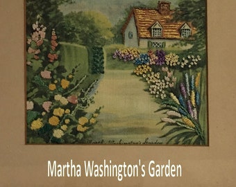 Martha Washington's Garden Embroideyr Handwork 1930s 1940s Wm Mirman Framer Hand stitching on printed canvas framed shipping included