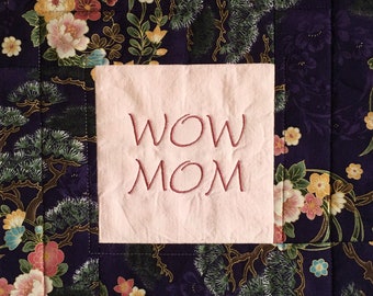 WOW MOM Mini Quilt 12.5" x 12.5" Mother's Day Gift Purple, Pink, Gold, Beige Handmade for your Wall Ship Incl