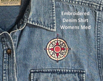 Embroidered Denim Shirt Ladies Medium Long Sleeve Shirt with Left Front Chest Pocket Pink & blue Compass Rose Embroidry Free Shipping