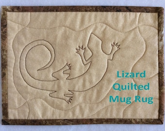Mini Quilt Mug Rug, LIZARD Embroidery Sandy Beige background Brown Binding Reversible Tea Mat Handmade SW your Desk or Table 8 x 11 Inches