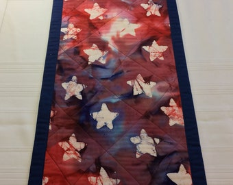 Batik Patriotic USA Table Runner Quilted 12" x 36", Navy Blue Back & Border, Binding for Labor Day, July 4th, Memorial Day, Veterans Day