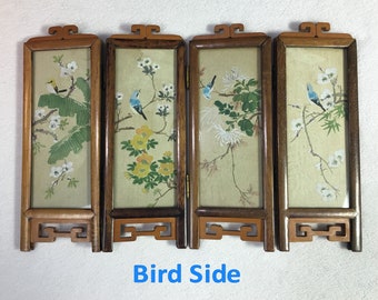 Mini 4 Panel Screen Birds paint on Silk, Side 2 Ladies & Landscape painted on Silk, As is, Ship Included