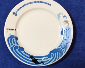 Hong Kong Ocean Park Souvenir Plate 1960-90s Whale Dolphins Polaroid Almost 6" Vintage Dish, Shipping Included