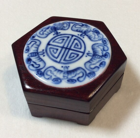 Blue & White Ceramic Inlay Hexigon Wooden Box Chi… - image 1
