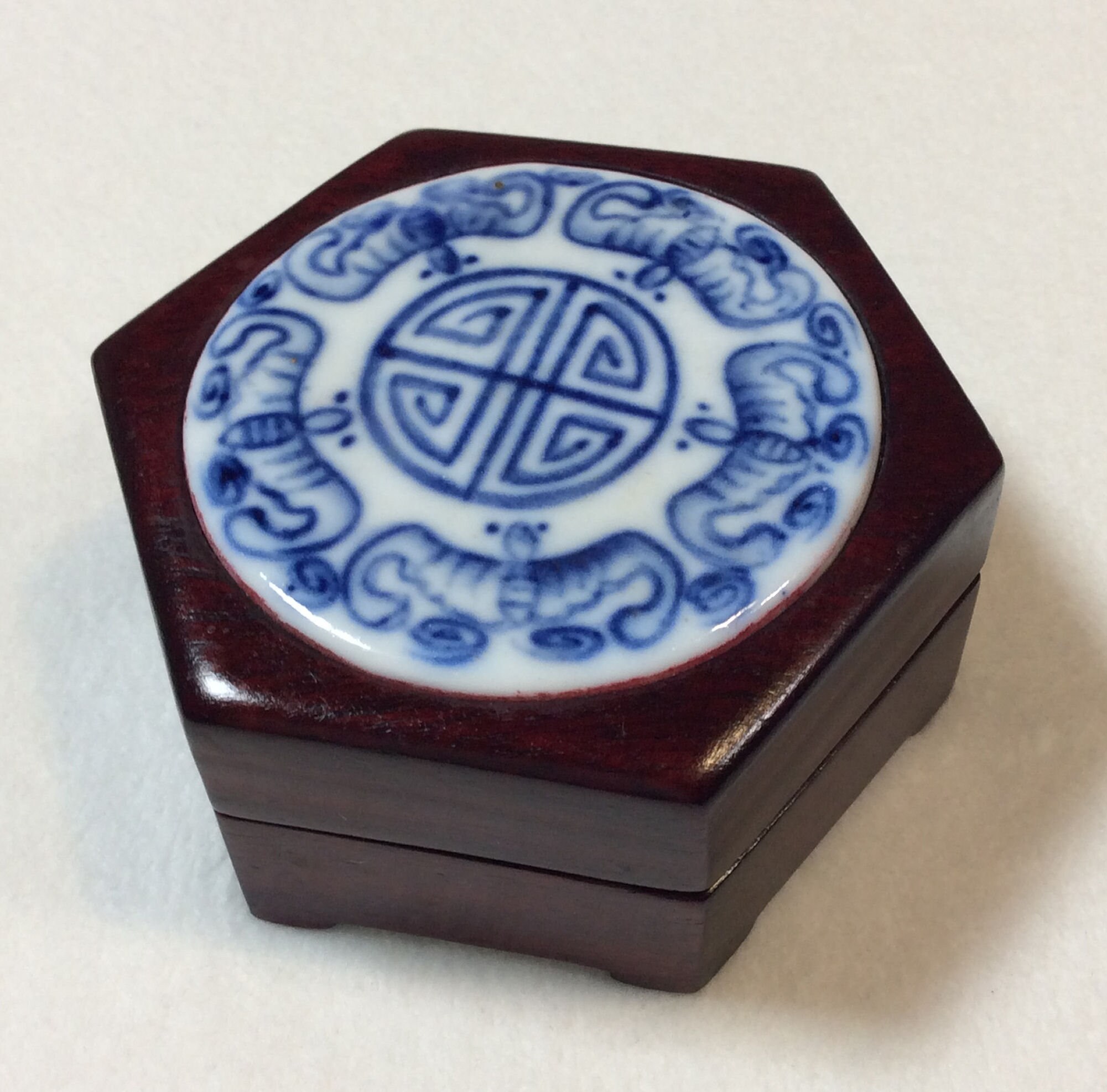 Blue & White Ceramic Inlay Hexagon Wooden Box Chinese New Year