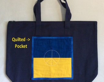 Zip Tote Ukraine PEACE Patch Pocket, Inner Zip Pocket, Sturdy 18" Handles Hand / Shoulder Carry Navy Cotton Canvas, Market Everything Bag
