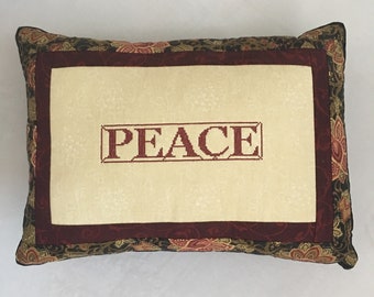 PEACE Pillow Embroidery Cross Stitch 12" x 16.5", Black, Burgundy & Green Paisley print Back is Black No War, Peace is better Ship Included