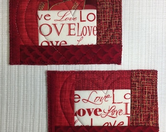 Set of 2 Love POSTCARDs Gift Quilted Fabric Card Stock Back Reds & Cream Send Your Love Frame-able ready to mail, envelope, ship included