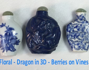 Snuff Bottles Set of 3 Blue & White Ceramic Painted or Glazed Jade Top w cork + spoon, Dragon, floral, Ship Included