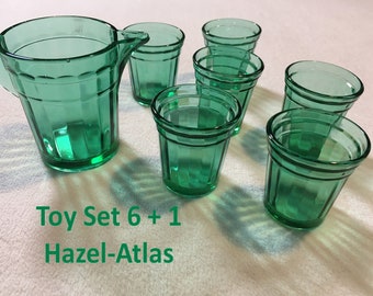 Doll Size Hazel-Atlas Green Glass Toy Cups & Pitcher Set 6 tumblers 1 Pitcher Toy Cookware Depression Glass 1930s 1940s Shipping Included