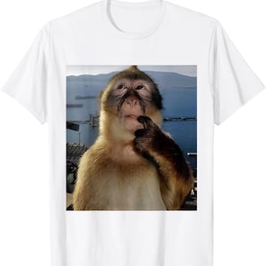 May include: White t-shirt featuring a square image of a monkey with its finger on its lip, as if deep in thought. The monkey has brown and tan fur, with a blue ocean and sky in the background.