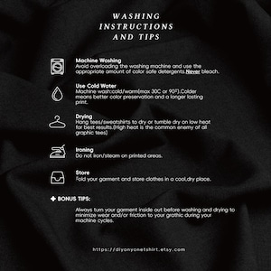 May include: Black graphic with white text providing washing instructions and tips for clothing care. Includes advice on machine washing, cold water use, drying, ironing, and storage. Also includes bonus tips and a website address.