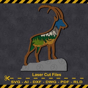 File di taglio stambecco multistrato, pezzo d'arte a 9 strati per Glowforge, montagne e caccia, Svg Dxf Ai Pdf Dwg Rld Download istantaneo File di taglio laser