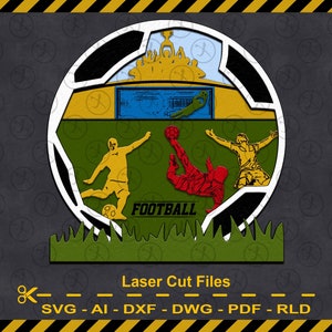 Escena de fútbol y futbolista de varias capas, Svg Dxf Ai Pdf Dwg Rld Descarga instantánea, Archivos cortados con láser - Pieza de arte de 9 capas para Glowforge