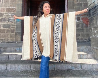 Handgefertigt Wolle Poncho Geometric Tribal Design Kapuze Cape Unisex Einheitsgröße