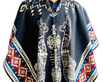 Poncho de alpaca hecho a mano / Diseño artístico animal de llama / Capa cálida y ligera / Unisex