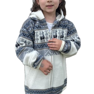 Pull en alpaga fait main pour enfant avec capuche | Veste en laine péruvienne, poches, modèle unisexe