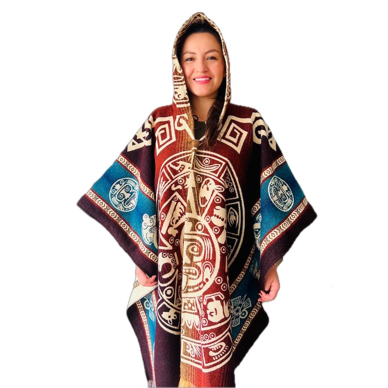 Poncho unisex con cappuccio in lana di alpaca XXL - modello azteco