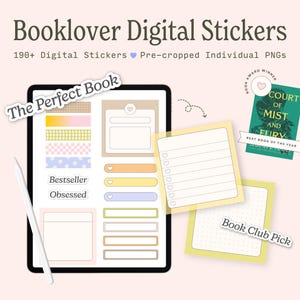 Puede incluir: Pegatinas digitales para amantes de los libros con una variedad de diseños, que incluyen una selección de club de lectura, una lista de tareas pendientes y una plantilla de reseña de libro. Las pegatinas están precortadas y vienen en archivos PNG individuales.