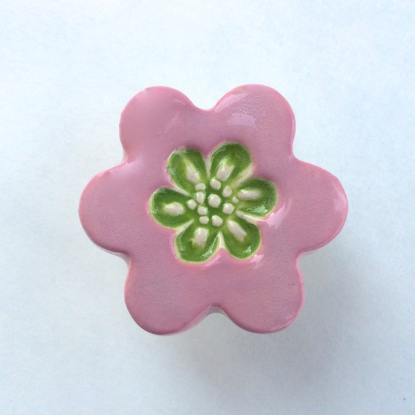 Pink and Green Knobs, Pink Flower Knob, Pink Drawer Pull, Flower Drawer Pulls, Dresser Drawer Knobs, Furniture Knobs, Child's Bedroom Knobs