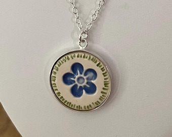 Handmade Blue Forget-Me-Not Ceramic Pendant Necklace – Sterling Silver Floral Jewelry