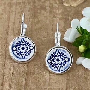 Sterling Silver Earrings, Delft Blue and White Ceramic Earrings, Handmade Earrings, Ceramic Tile Earrings, Earring Gift,  Silver Blue White