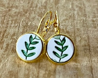 Ceramic Fern Earrings, Handmade Ceramic Tile Earrings, Handmade Earrings, Nature Inspired, Green and Gold, Earring Gift, Ceramic Earrings