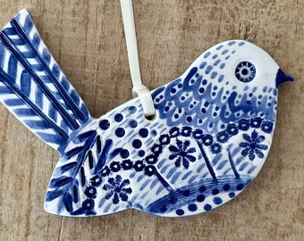 Delft Blue Bird Ornament, Handmade Ceramic Decoration