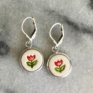 Tulip and Silver Earrings, Tulip Earrings, Ceramic Tile Earrings, Sterling Silver, Handmade Ceramic Jewelry, Handmade Ceramic Earrings