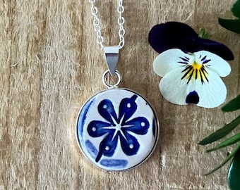 Handmade Sterling Silver and Blue and White Ceramic Tile Necklace, Delft Blue Necklace, Handmade Necklace, Silver Blue and White