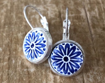 Blue and White, Ceramic Earrings, Everyday Earrings, Ceramic Tile, Ceramic Jewelry, Silver Blue White, Gift For Her, Handmade Earrings