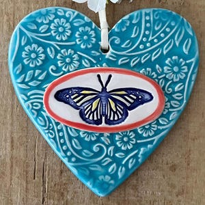 Handmade Turquoise Ceramic Heart Ornament: Butterfly Floral Keepsake