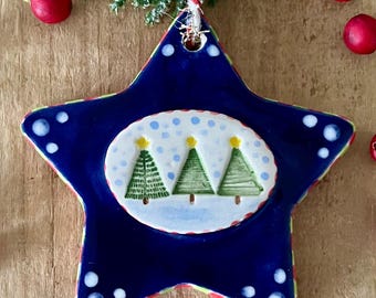 Handmade Ceramic Star Ornament, Three Christmas Trees, Blue Pottery