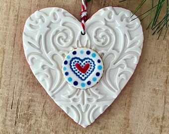 Colorful Heart Ornament, Christmas Ornament, Ornament Gift, Ornament Exchange, Handmade Ornament, Ceramic Herat, Ceramic Ornament,Gift Boxed