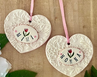 Handmade Ceramic Heart Ornament, Mimi Nonna Gift, Tulip Floral Texture