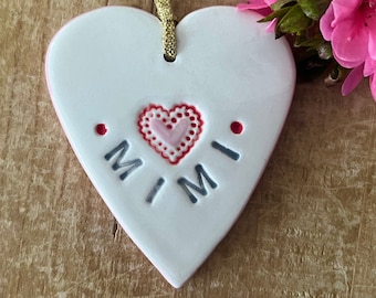 Ornamento del cuore di Mimi, regalo per Mimì, regalo di Mimì, cuore fatto a mano, ornamento del cuore, rivelazione della gravidanza, rivelazione del genere, regalo del nipote