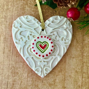 Textured Heart Ornament, Red White and Green, Ceramic Ornament, Ornament Gift, Keepsake Ornament, Handmade Ornament, Ornament Exchange