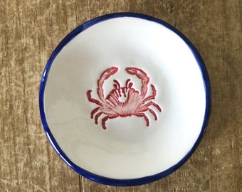Crab Dish, Ring Dish, Beach Inspired, Little Dish, Handmade Ceramic Dish, Nautical, Crab, Red White and Blue, Handmade Pottery