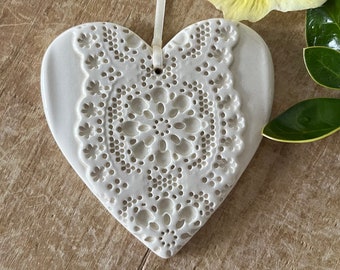 White Lace Heart, Heart Ornament, Lace Heart, Ornament Gift, Handmade Ornament, Ceramic Heart, 13th Anniversary Gift, Wedding Gift