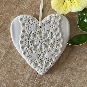 White Lace Heart, Heart Ornament, Lace Heart, Ornament Gift, Handmade Ornament, Ceramic Heart, 13th Anniversary Gift, Wedding Gift
