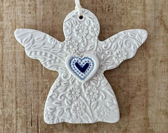 Angel Ornament, Angel With A Blue Heart Ornament, Ceramic Angel, Memorial Gift, Guardian Angel, Baptism Gift, Christmas Angel, Ornament Gift