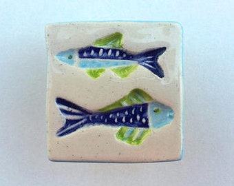 Handmade Ceramic Fish Knob: Cobalt, Lime & Turquoise - Nautical Decor