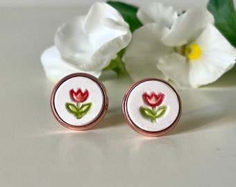 Rose Gold and Red Tulip Stud Earrings, Handmade Earrings, Ceramic Earrings, Rose Gold Plated, Earring Gift